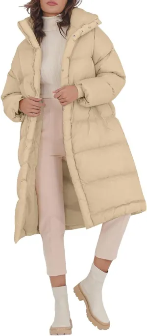 Fazortev Women's Long Puffer Jacket Stand Collar Zip Baggy Down Coats with Side Pockets Outwear