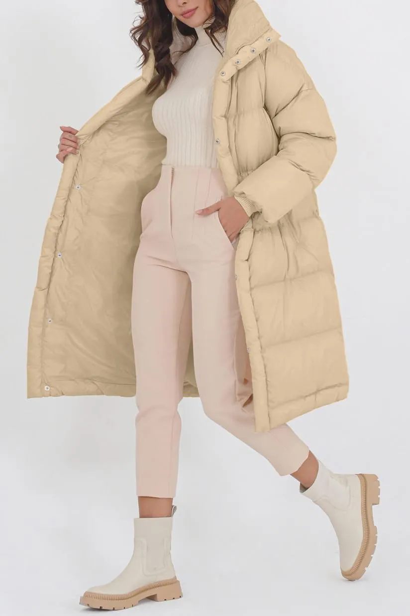 Fazortev Women's Long Puffer Jacket Stand Collar Zip Baggy Down Coats with Side Pockets Outwear