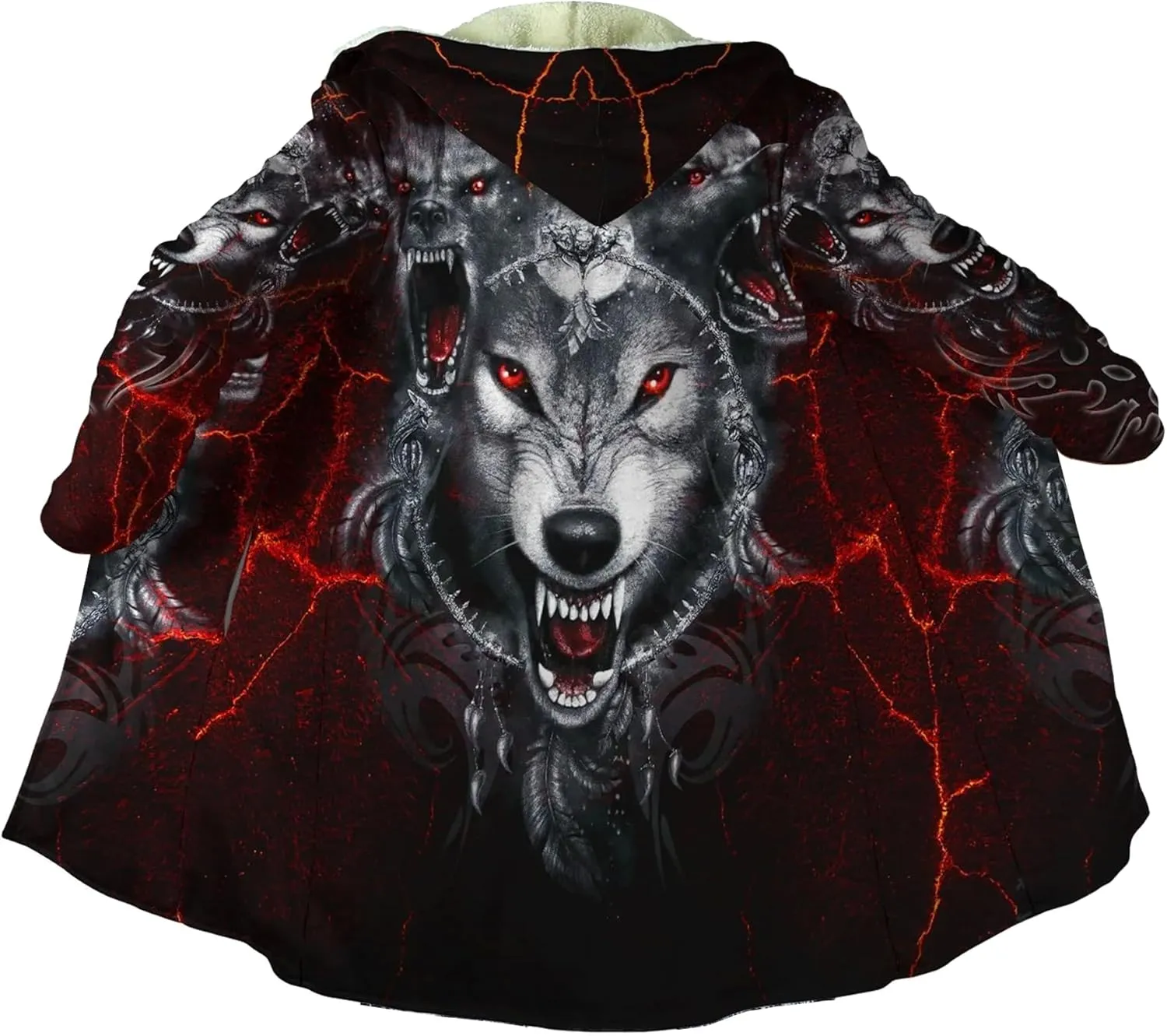 Fenrir Wolf Mythical Men's Winter Shearling Thick Warm Hooded Cloak Viking Tattoos Coats Mid-Length Trendy Coatume
