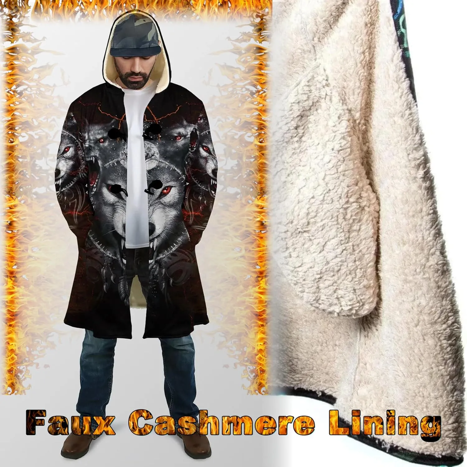 Fenrir Wolf Mythical Men's Winter Shearling Thick Warm Hooded Cloak Viking Tattoos Coats Mid-Length Trendy Coatume