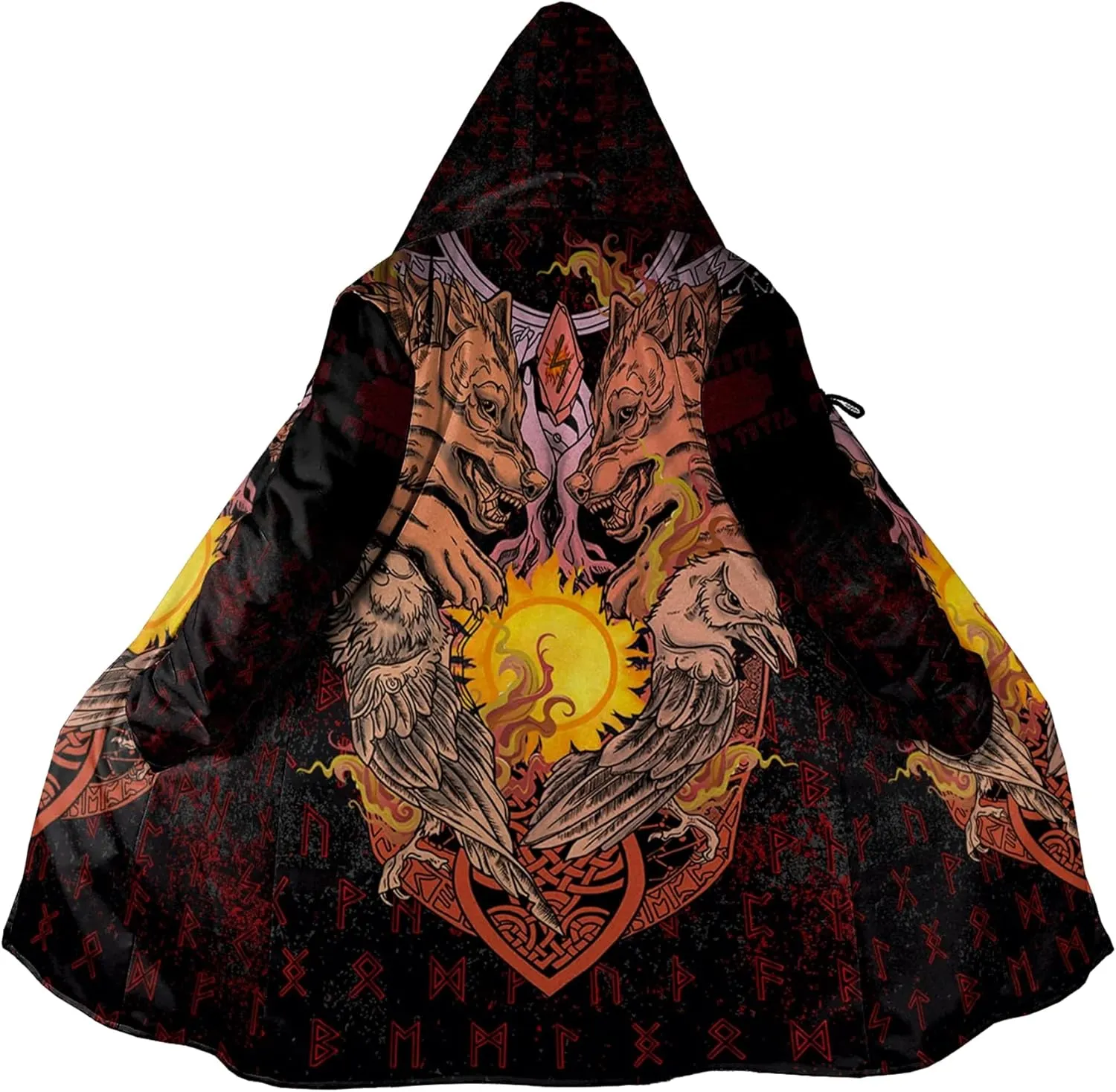 Fenrir Wolf Mythical Men's Winter Shearling Thick Warm Hooded Cloak Viking Tattoos Coats Mid-Length Trendy Coatume
