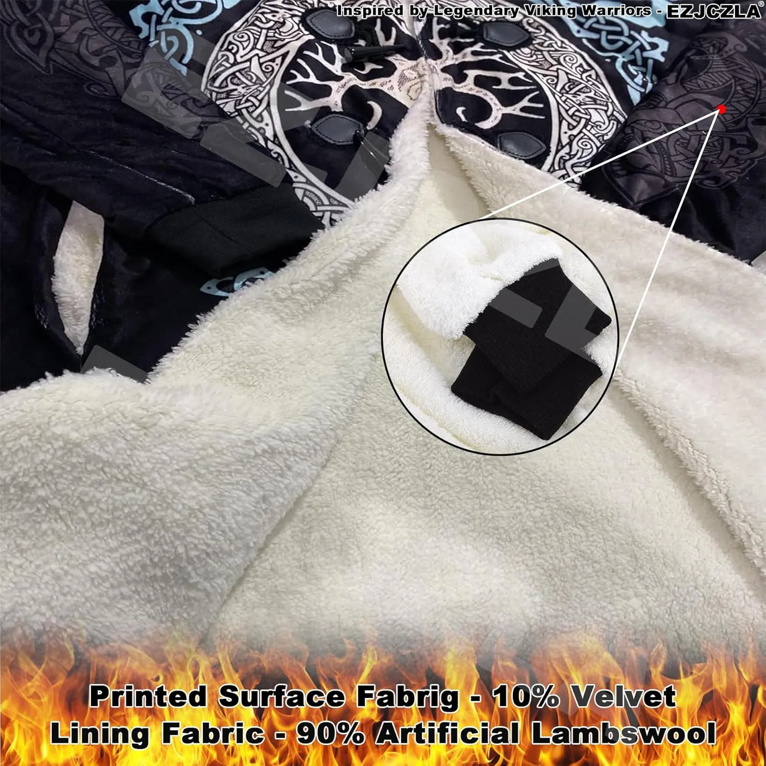 Fenrir Wolf Mythical Men's Winter Shearling Thick Warm Hooded Cloak Viking Tattoos Coats Mid-Length Trendy Coatume