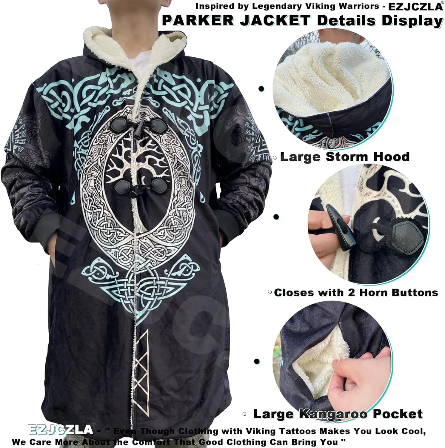Fenrir Wolf Mythical Men's Winter Shearling Thick Warm Hooded Cloak Viking Tattoos Coats Mid-Length Trendy Coatume