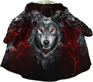 Fenrir Wolf Mythical Men's Winter Shearling Thick Warm Hooded Cloak Viking Tattoos Coats Mid-Length Trendy Coatume