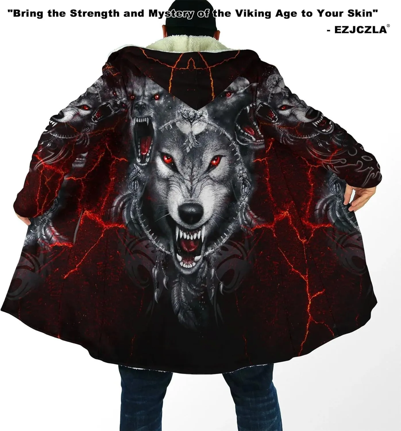 Fenrir Wolf Mythical Men's Winter Shearling Thick Warm Hooded Cloak Viking Tattoos Coats Mid-Length Trendy Coatume