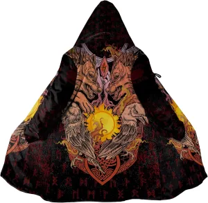 Fenrir Wolf Mythical Men's Winter Shearling Thick Warm Hooded Cloak Viking Tattoos Coats Mid-Length Trendy Coatume