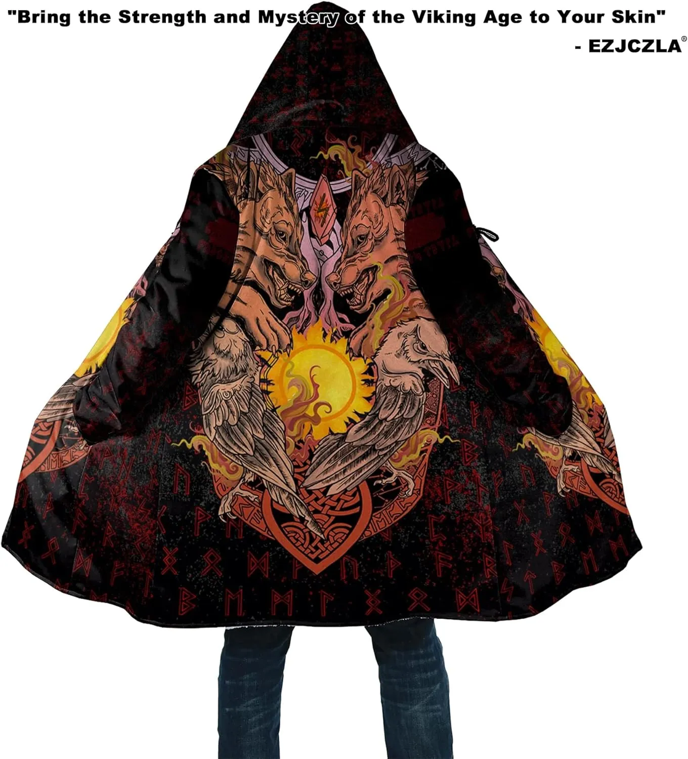 Fenrir Wolf Mythical Men's Winter Shearling Thick Warm Hooded Cloak Viking Tattoos Coats Mid-Length Trendy Coatume