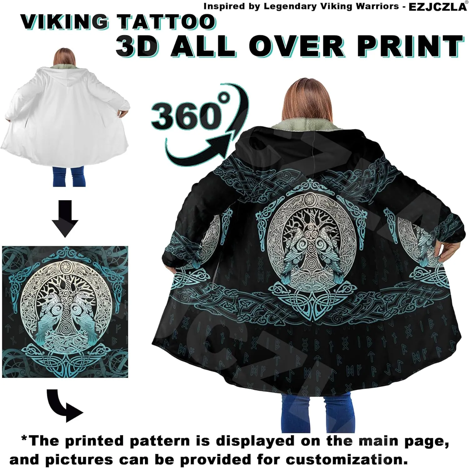 Fenrir Wolf Mythical Men's Winter Shearling Thick Warm Hooded Cloak Viking Tattoos Coats Mid-Length Trendy Coatume