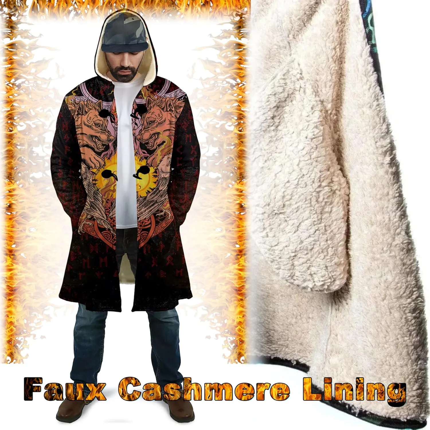 Fenrir Wolf Mythical Men's Winter Shearling Thick Warm Hooded Cloak Viking Tattoos Coats Mid-Length Trendy Coatume