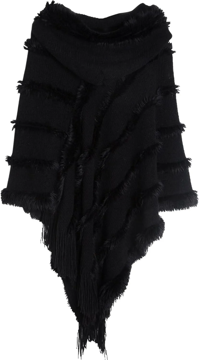 FEOYA Women's Casual Hooded Sweater Pullover with Fringe Batwing Shawls Wraps Crochet Pattern Knitted Poncho