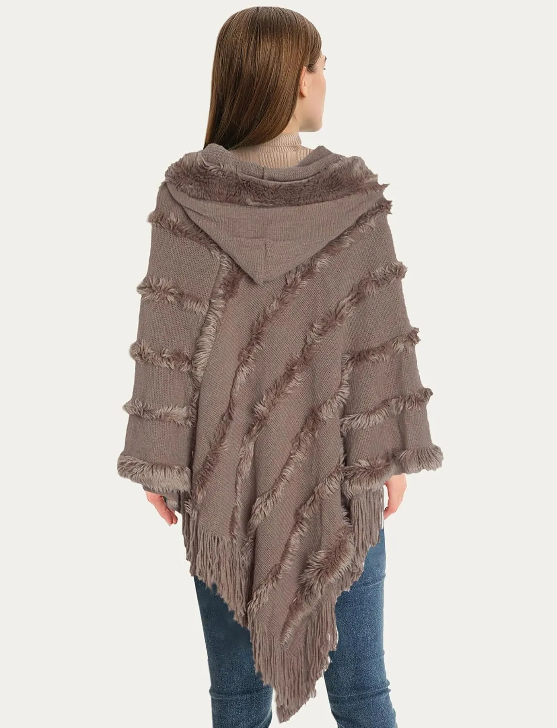 FEOYA Women's Casual Hooded Sweater Pullover with Fringe Batwing Shawls Wraps Crochet Pattern Knitted Poncho