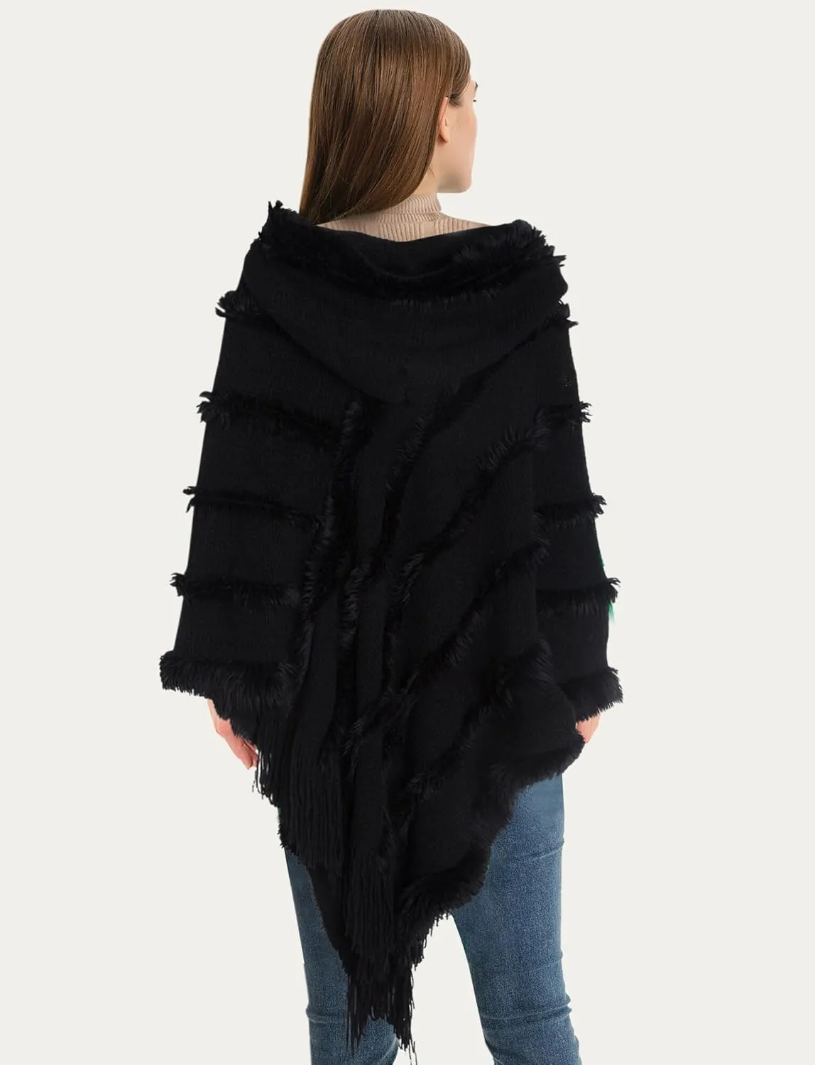 FEOYA Women's Casual Hooded Sweater Pullover with Fringe Batwing Shawls Wraps Crochet Pattern Knitted Poncho