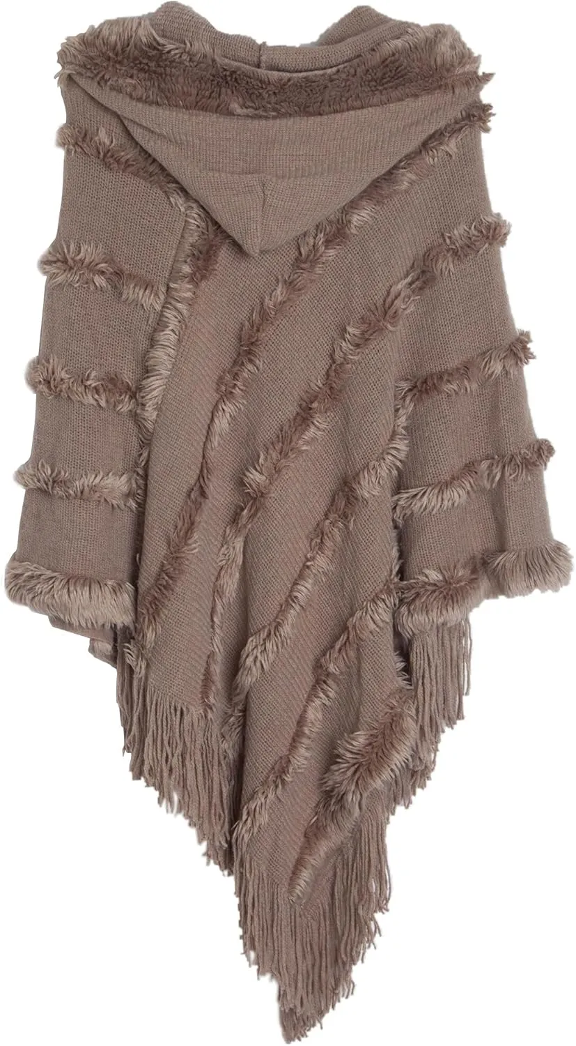 FEOYA Women's Casual Hooded Sweater Pullover with Fringe Batwing Shawls Wraps Crochet Pattern Knitted Poncho
