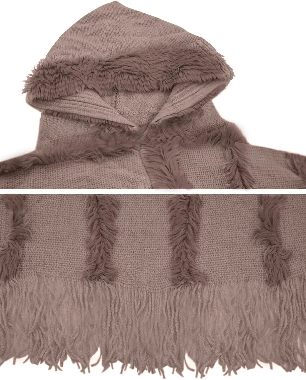 FEOYA Women's Casual Hooded Sweater Pullover with Fringe Batwing Shawls Wraps Crochet Pattern Knitted Poncho