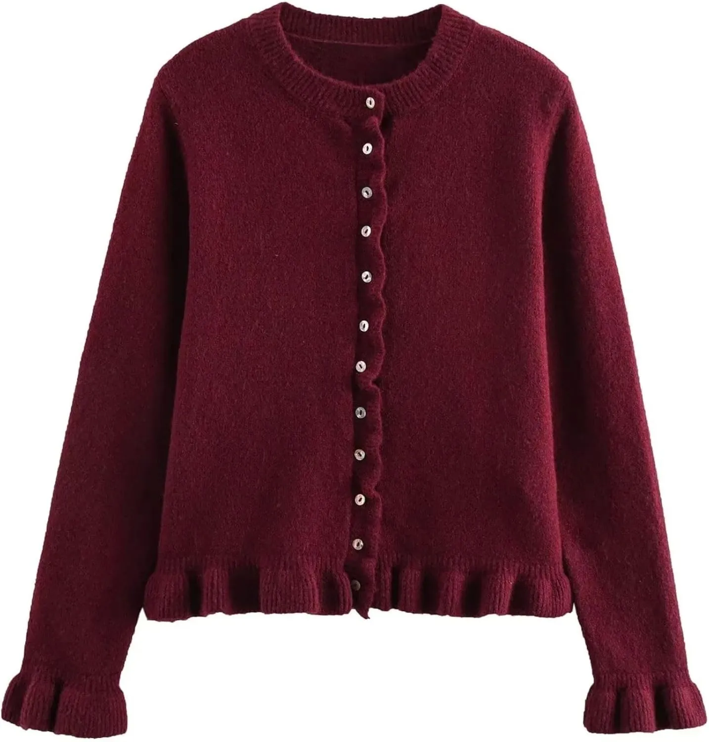 FindThy Womens Cropped Cardigan Sweater Trendy Crewneck Ruffle Long Sleeve Button Down Knitwear Tops