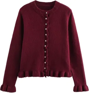 FindThy Womens Cropped Cardigan Sweater Trendy Crewneck Ruffle Long Sleeve Button Down Knitwear Tops