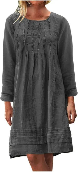 Finelylove Womens Summer Cotton Linen Dresses Short Flowy Beach Dress Long Sleeve Ruffled Shift Dress Casual Loose Sundress