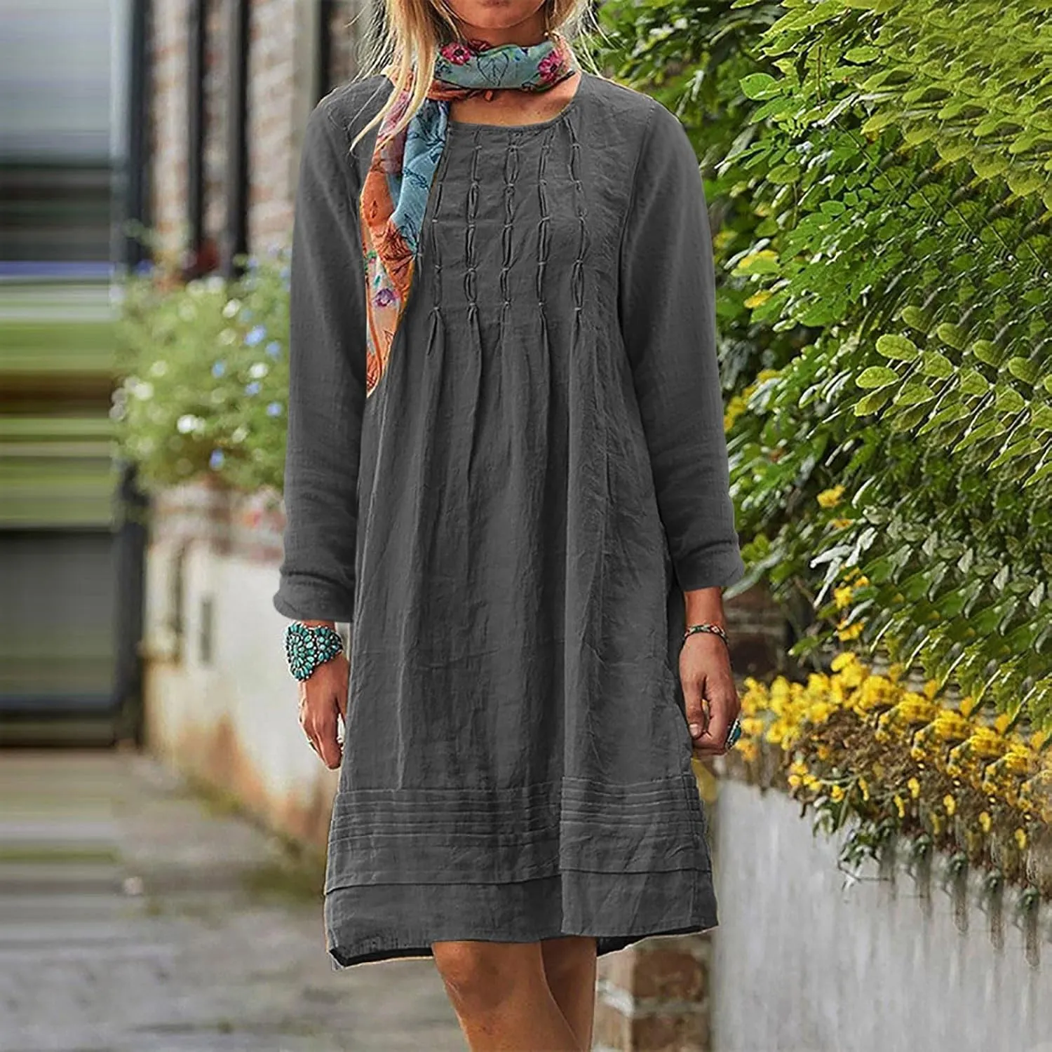 Finelylove Womens Summer Cotton Linen Dresses Short Flowy Beach Dress Long Sleeve Ruffled Shift Dress Casual Loose Sundress