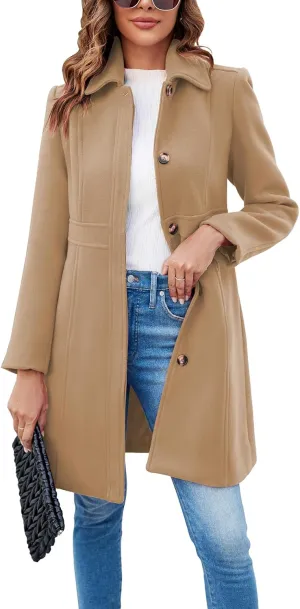 Fisoew Women's Elegant Single Breasted Coat Long Sleeve Mid Winter Overcoat Work Office Pea Coats