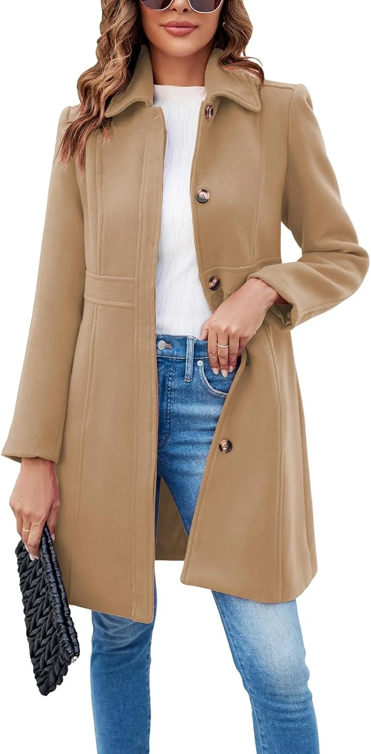 Fisoew Women's Elegant Single Breasted Coat Long Sleeve Mid Winter Overcoat Work Office Pea Coats