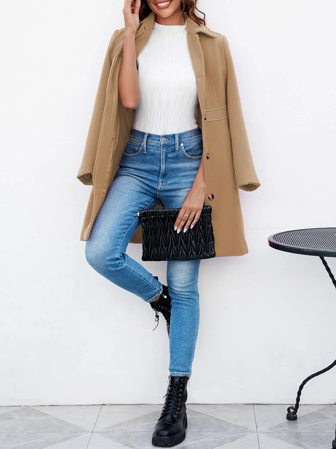 Fisoew Women's Elegant Single Breasted Coat Long Sleeve Mid Winter Overcoat Work Office Pea Coats