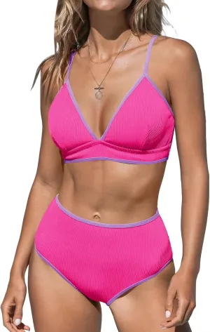 Fisoew Womens High Waisted Bikini Sets Triangle Ribbed Color Block Two Piece Swimsuit Sexy High Cut Bathing Suit