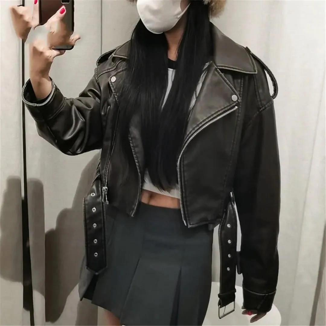 Fjnbbiot Spring Woman Faux Leather Jacket Chic Vintage Short Lapel Zipper Biker Coats Fashion Streetwear