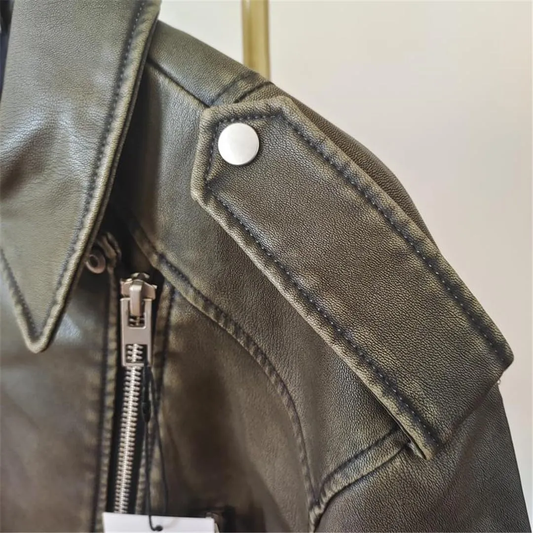 Fjnbbiot Spring Woman Faux Leather Jacket Chic Vintage Short Lapel Zipper Biker Coats Fashion Streetwear