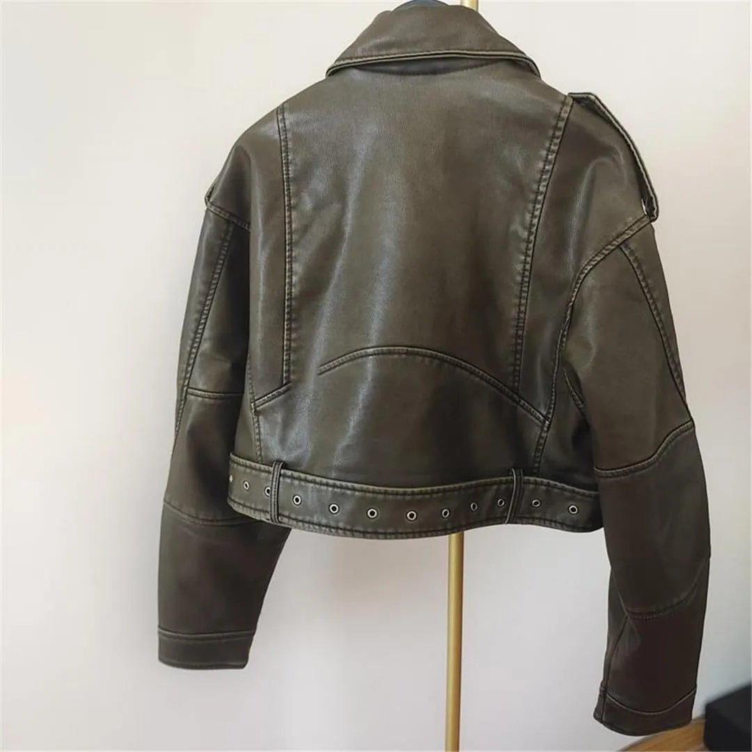 Fjnbbiot Spring Woman Faux Leather Jacket Chic Vintage Short Lapel Zipper Biker Coats Fashion Streetwear