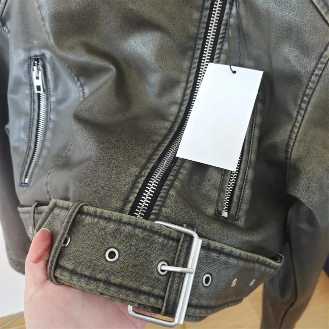 Fjnbbiot Spring Woman Faux Leather Jacket Chic Vintage Short Lapel Zipper Biker Coats Fashion Streetwear