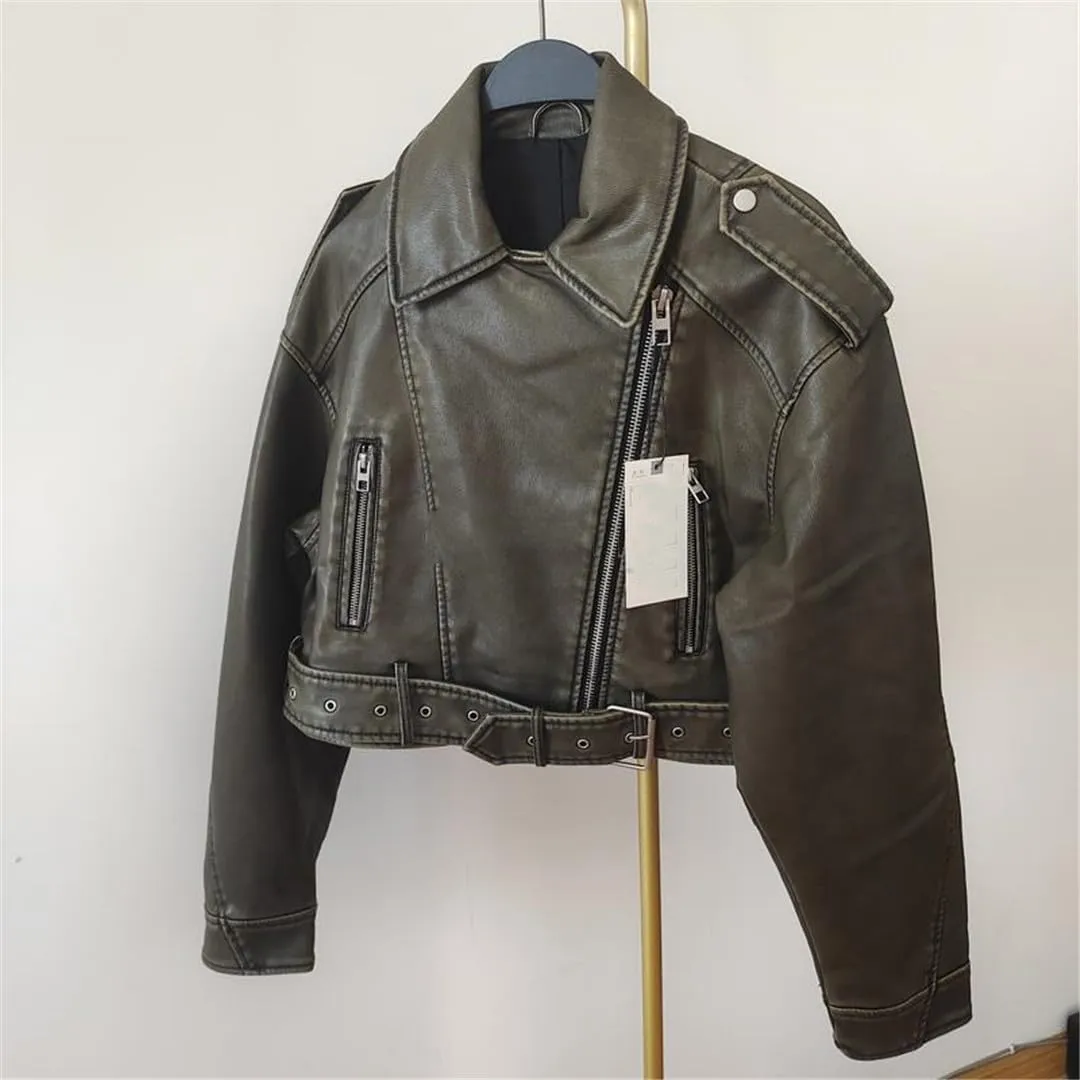 Fjnbbiot Spring Woman Faux Leather Jacket Chic Vintage Short Lapel Zipper Biker Coats Fashion Streetwear