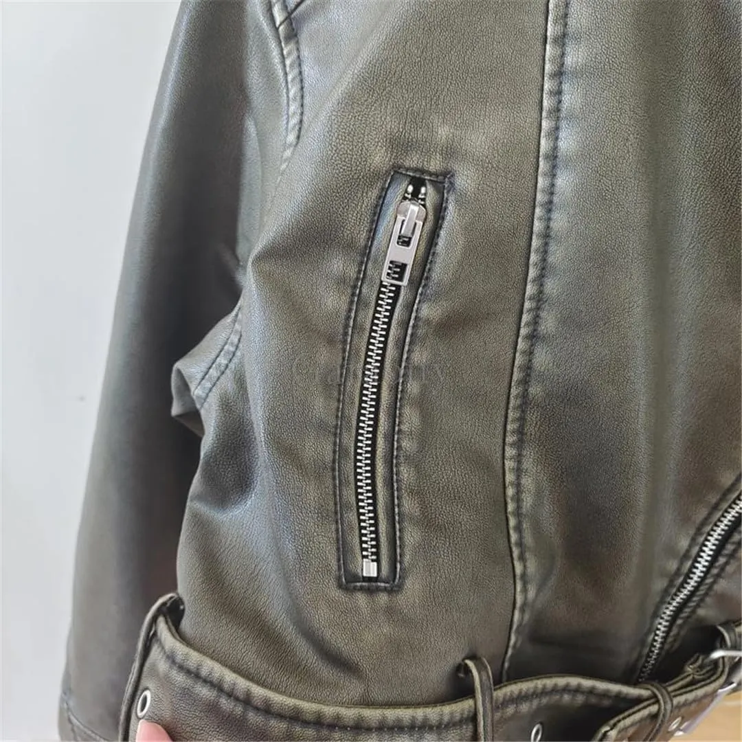 Fjnbbiot Spring Woman Faux Leather Jacket Chic Vintage Short Lapel Zipper Biker Coats Fashion Streetwear