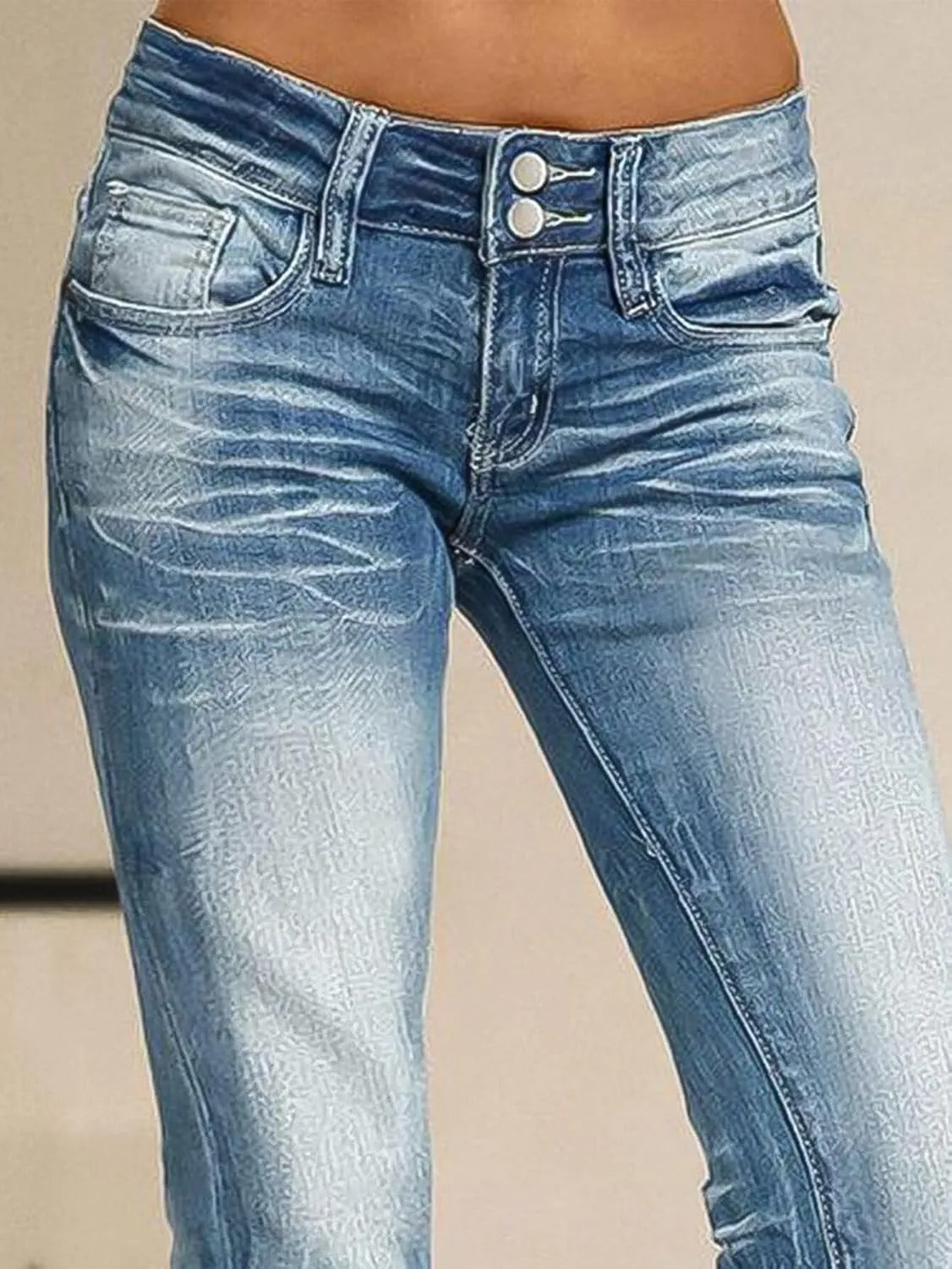 Flamingals Straight Leg Jeans for Women Stretchy Mid Waist Double Button Wash Solid Skinny Jean
