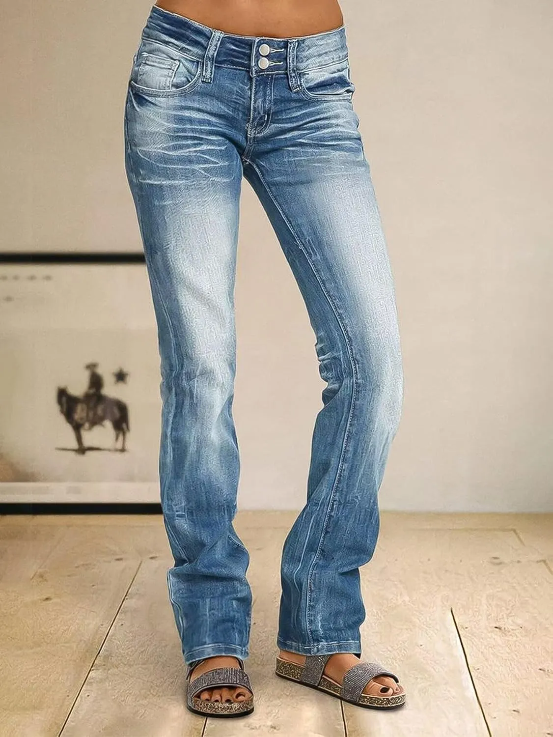 Flamingals Straight Leg Jeans for Women Stretchy Mid Waist Double Button Wash Solid Skinny Jean