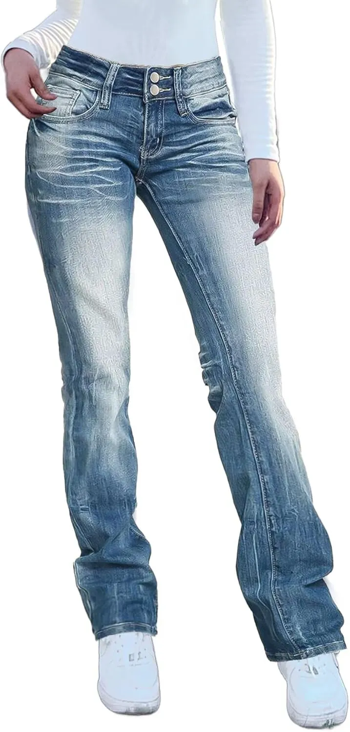 Flamingals Straight Leg Jeans for Women Stretchy Mid Waist Double Button Wash Solid Skinny Jean