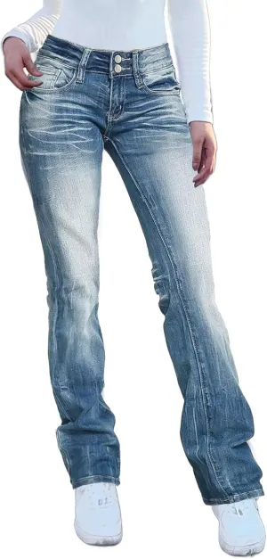 Flamingals Straight Leg Jeans for Women Stretchy Mid Waist Double Button Wash Solid Skinny Jean