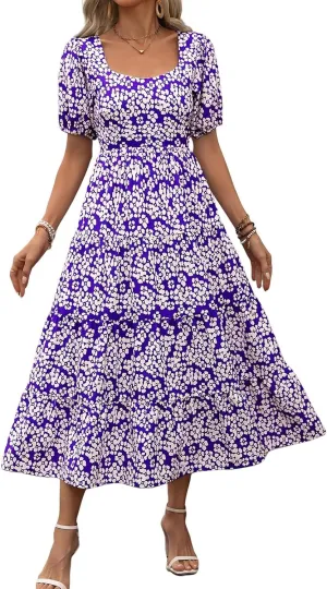Floral Dress for Women Summer Puff Short Sleeve Square Neck Maxi Dress Casual Ruffle High Waist Dresses 2025