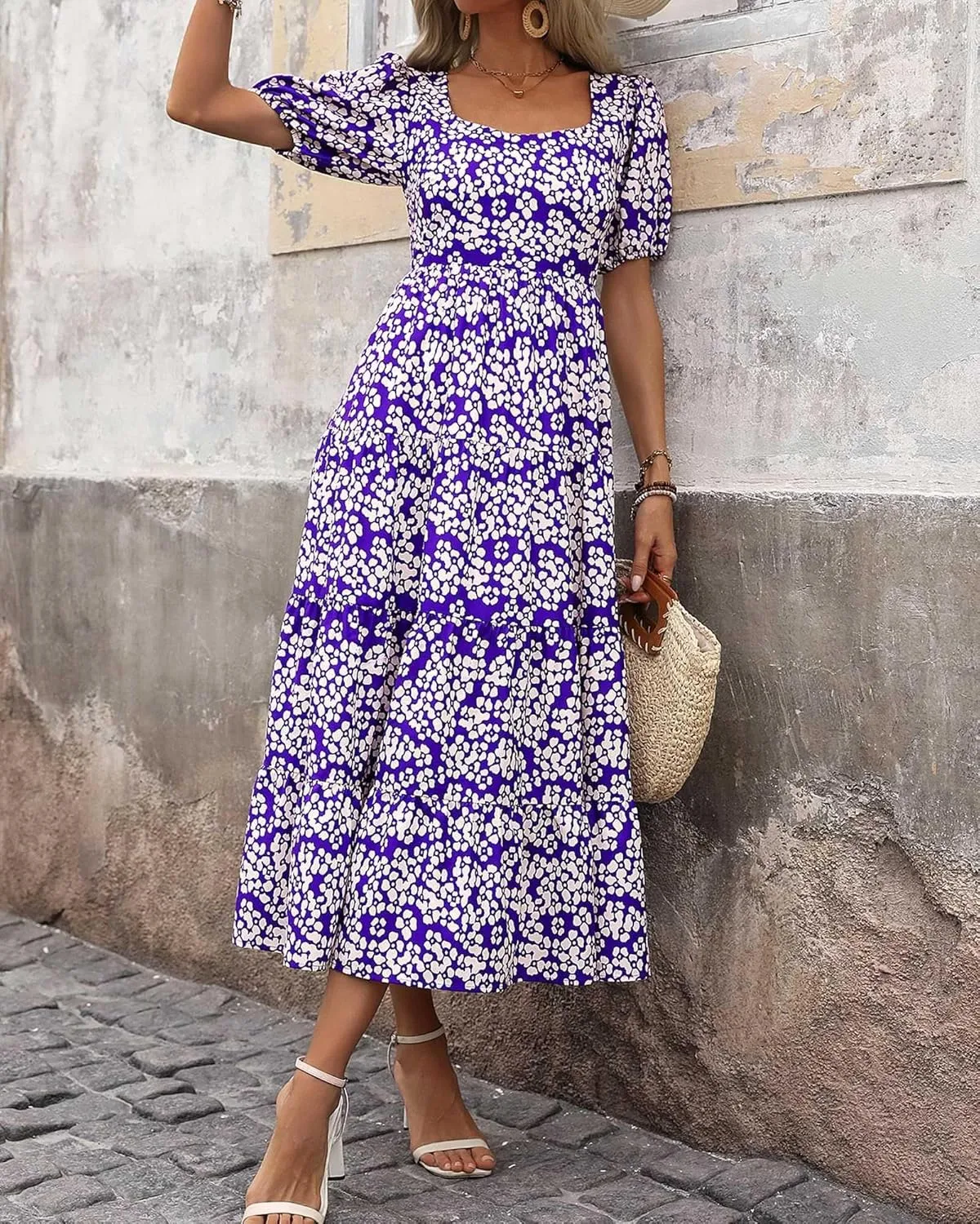 Floral Dress for Women Summer Puff Short Sleeve Square Neck Maxi Dress Casual Ruffle High Waist Dresses 2025