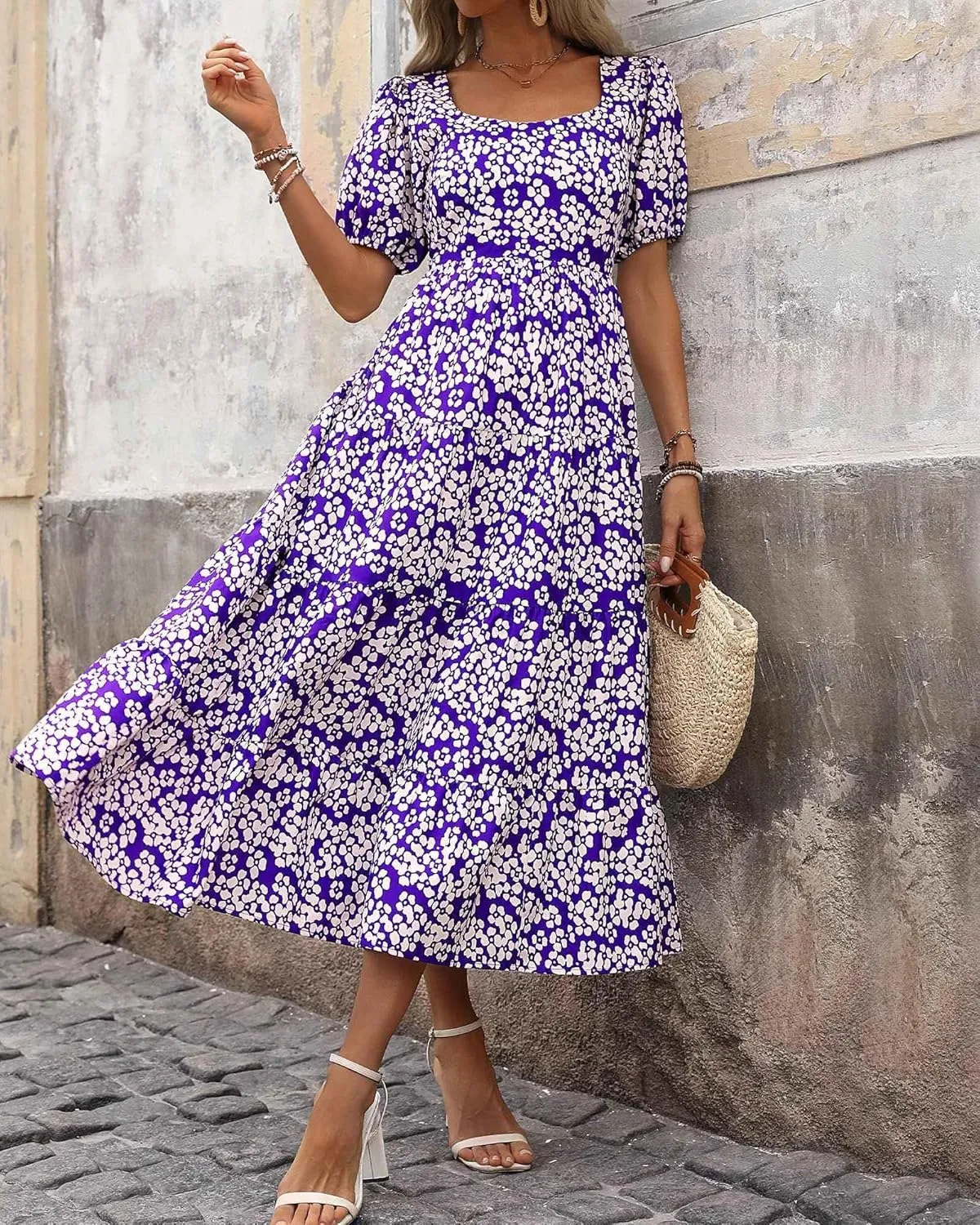 Floral Dress for Women Summer Puff Short Sleeve Square Neck Maxi Dress Casual Ruffle High Waist Dresses 2025