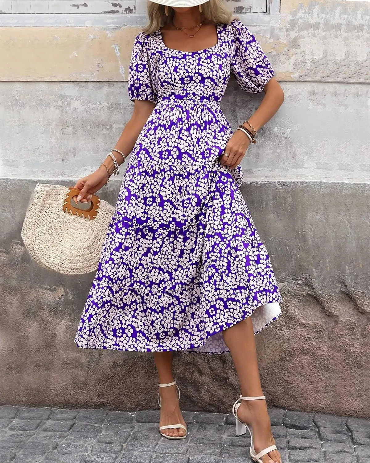 Floral Dress for Women Summer Puff Short Sleeve Square Neck Maxi Dress Casual Ruffle High Waist Dresses 2025