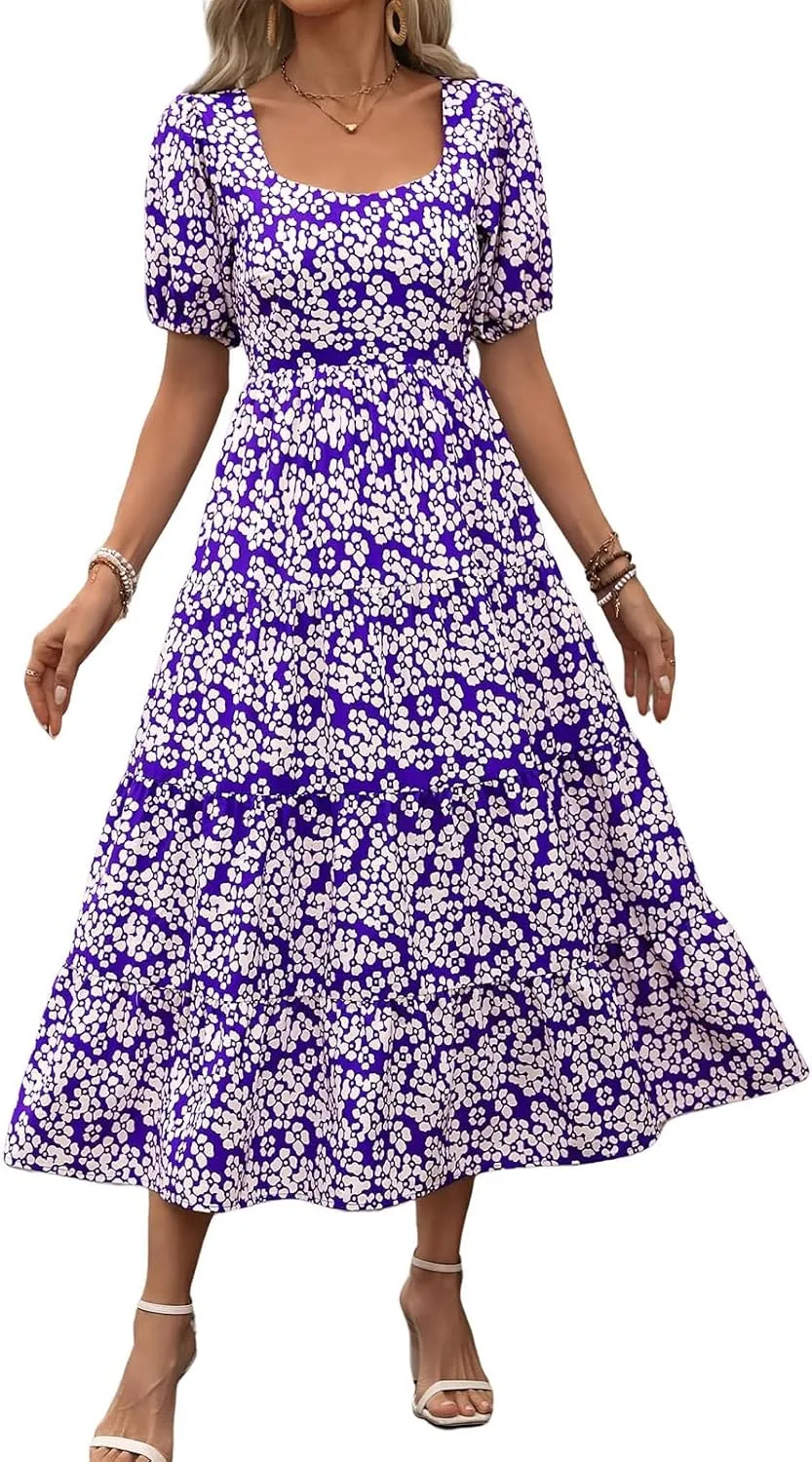 Floral Dress for Women Summer Puff Short Sleeve Square Neck Maxi Dress Casual Ruffle High Waist Dresses 2025