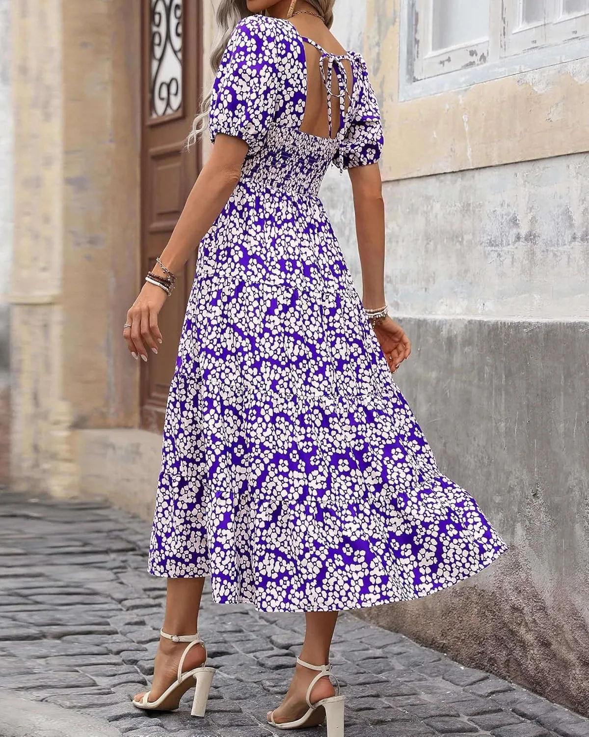 Floral Dress for Women Summer Puff Short Sleeve Square Neck Maxi Dress Casual Ruffle High Waist Dresses 2025