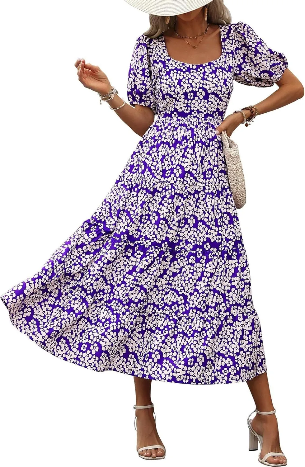 Floral Dress for Women Summer Puff Short Sleeve Square Neck Maxi Dress Casual Ruffle High Waist Dresses 2025