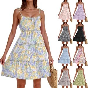 Floral Mini Dresses for Women Spaghetti Strap Tiered Ruffle Flowy Sundress Summer Vacation A Line Short Skater Dress