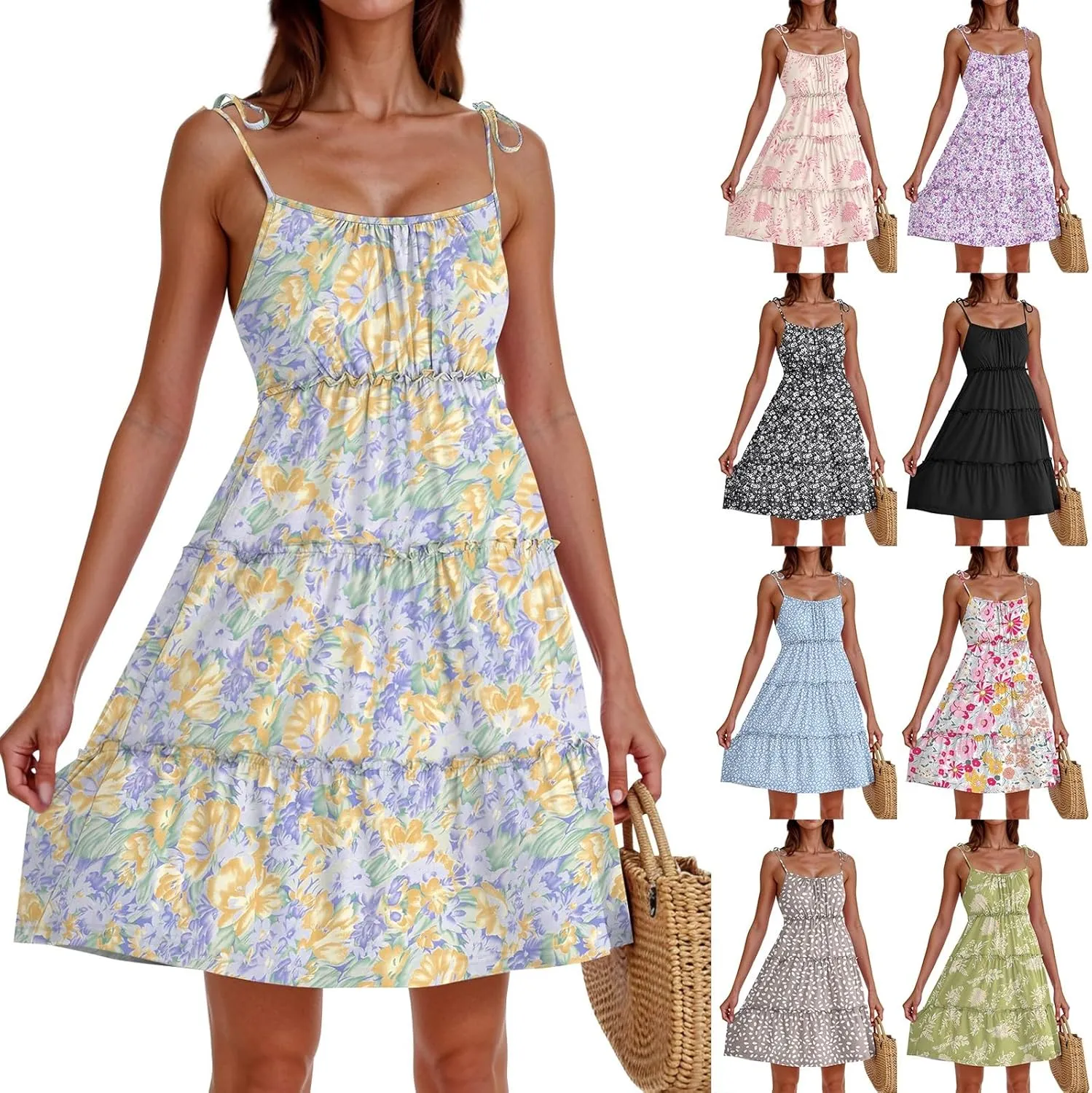 Floral Mini Dresses for Women Spaghetti Strap Tiered Ruffle Flowy Sundress Summer Vacation A Line Short Skater Dress