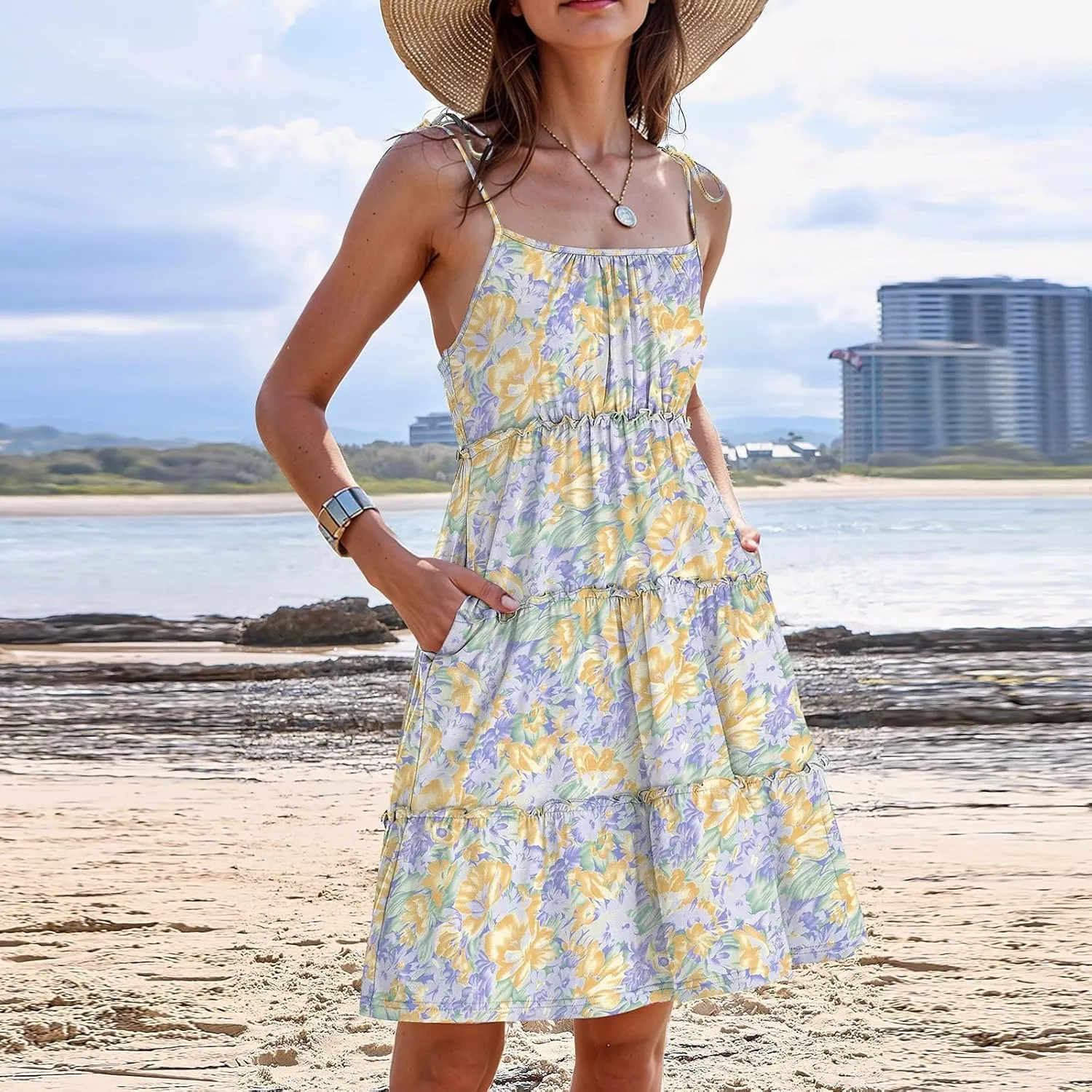Floral Mini Dresses for Women Spaghetti Strap Tiered Ruffle Flowy Sundress Summer Vacation A Line Short Skater Dress