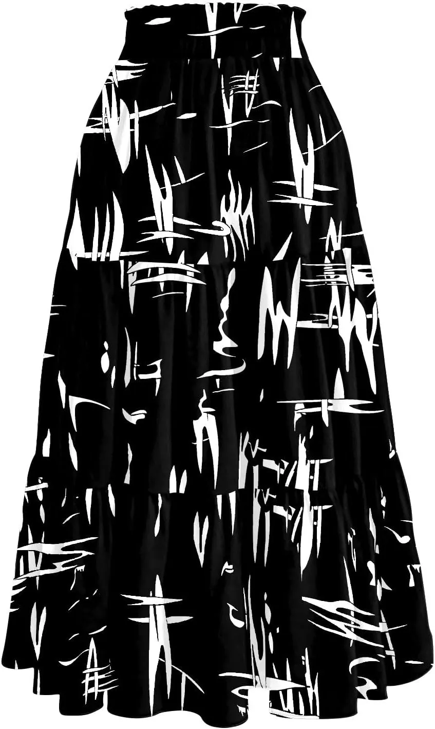 Floral Skirts for Women Summer Loose Casual Trendy Drawstring Flowy Beach Vacation Boho Maxi Skirt, S-2XL