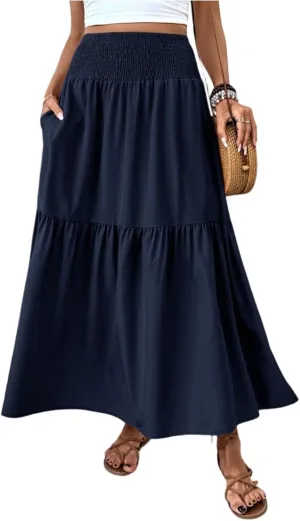 Floral Skirts for Women Summer Loose Casual Trendy Solid Elastic Waist Lightweight Boho Flowy Maxi Skirt, S-XL