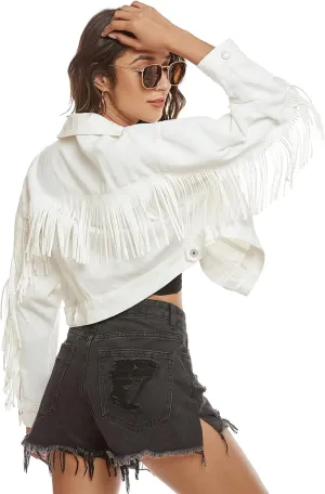 Flygo Women's Denim Fringe Jacket Button Up Long Sleeve Y2K Tassel Crop Jean Jackets(01 White-L)