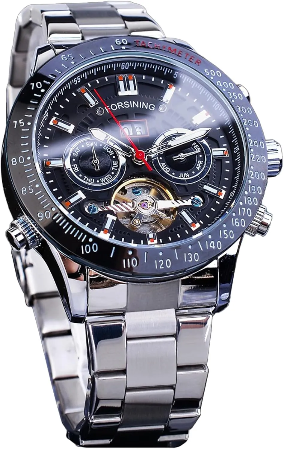 FORSINING Men Tourbillon Mechanical Self-Wind Watch, Day Date Month Full Calendar, Luminous Tachymeter Multifunctional Automatic Watches, Carved Big Dial Stainless Steel Band Wrist Watch